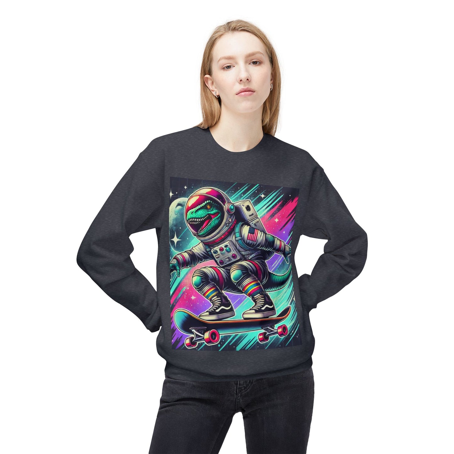 Space Dinosaur On A Skateboard, Unisex Midweight Softstyle Fleece Crewneck Sweatshirt