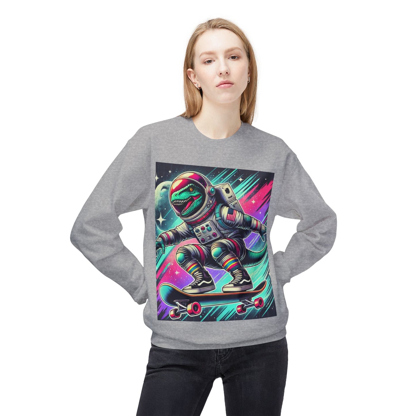 Space Dinosaur On A Skateboard, Unisex Midweight Softstyle Fleece Crewneck Sweatshirt