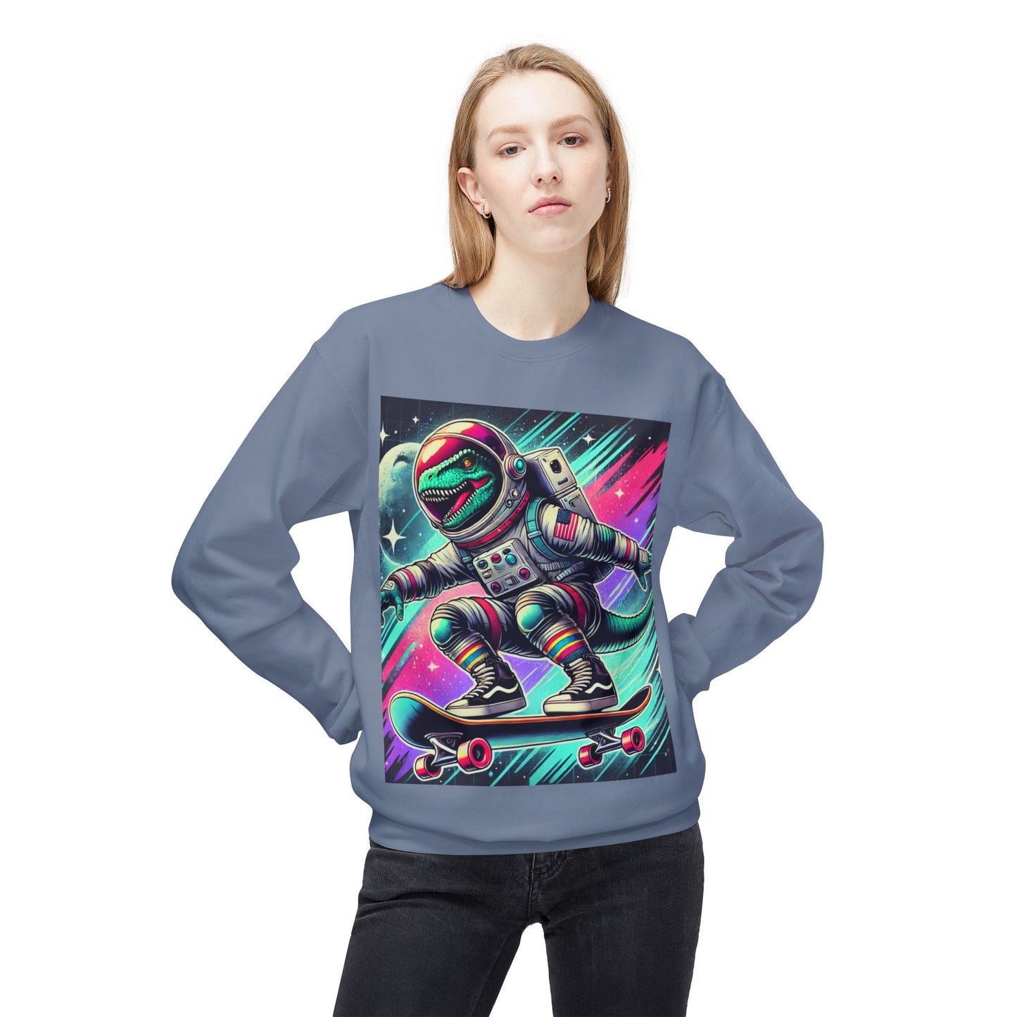 Space Dinosaur On A Skateboard, Unisex Midweight Softstyle Fleece Crewneck Sweatshirt