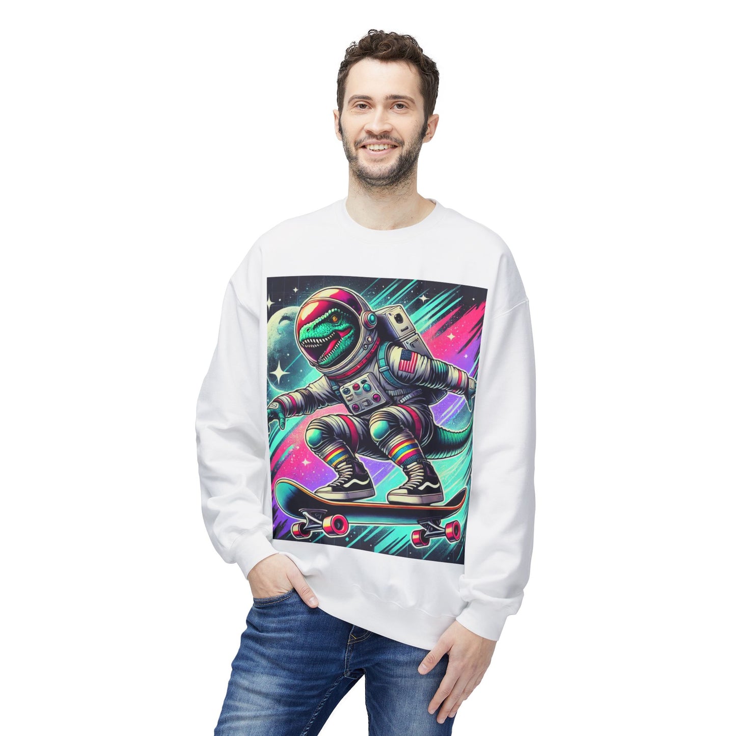 Space Dinosaur On A Skateboard, Unisex Midweight Softstyle Fleece Crewneck Sweatshirt