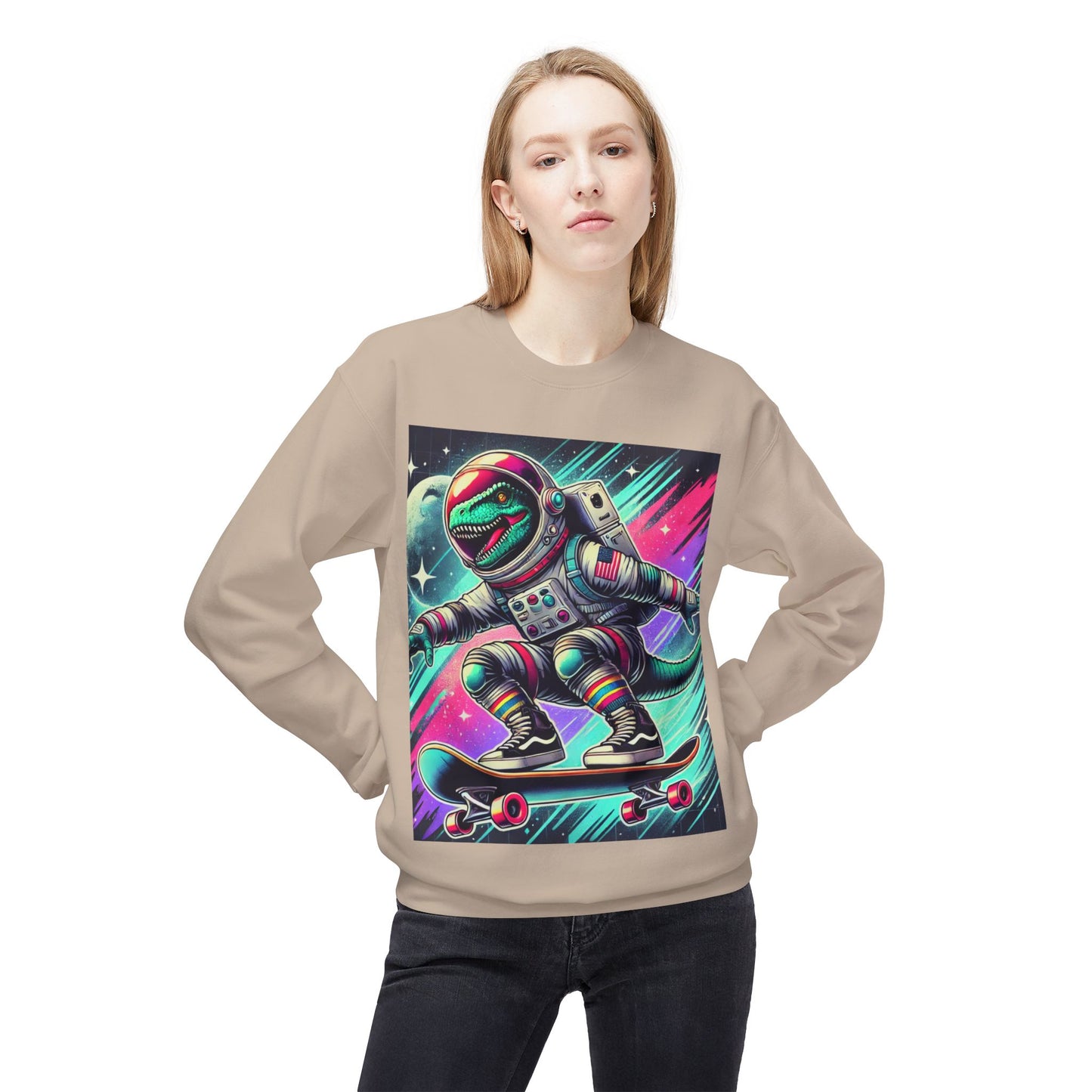 Space Dinosaur On A Skateboard, Unisex Midweight Softstyle Fleece Crewneck Sweatshirt