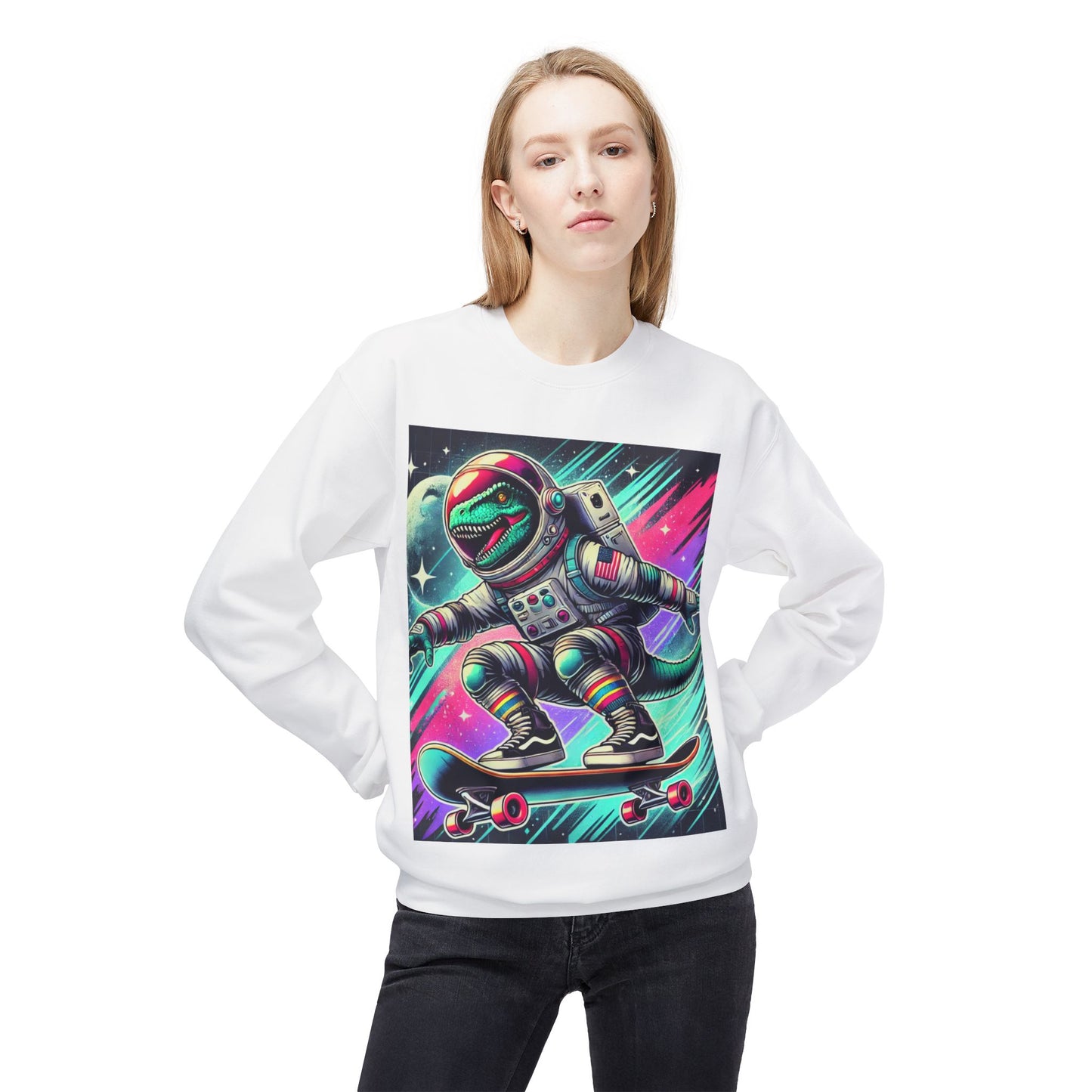 Space Dinosaur On A Skateboard, Unisex Midweight Softstyle Fleece Crewneck Sweatshirt