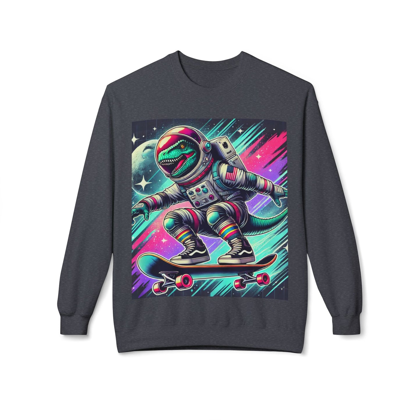 Space Dinosaur On A Skateboard, Unisex Midweight Softstyle Fleece Crewneck Sweatshirt