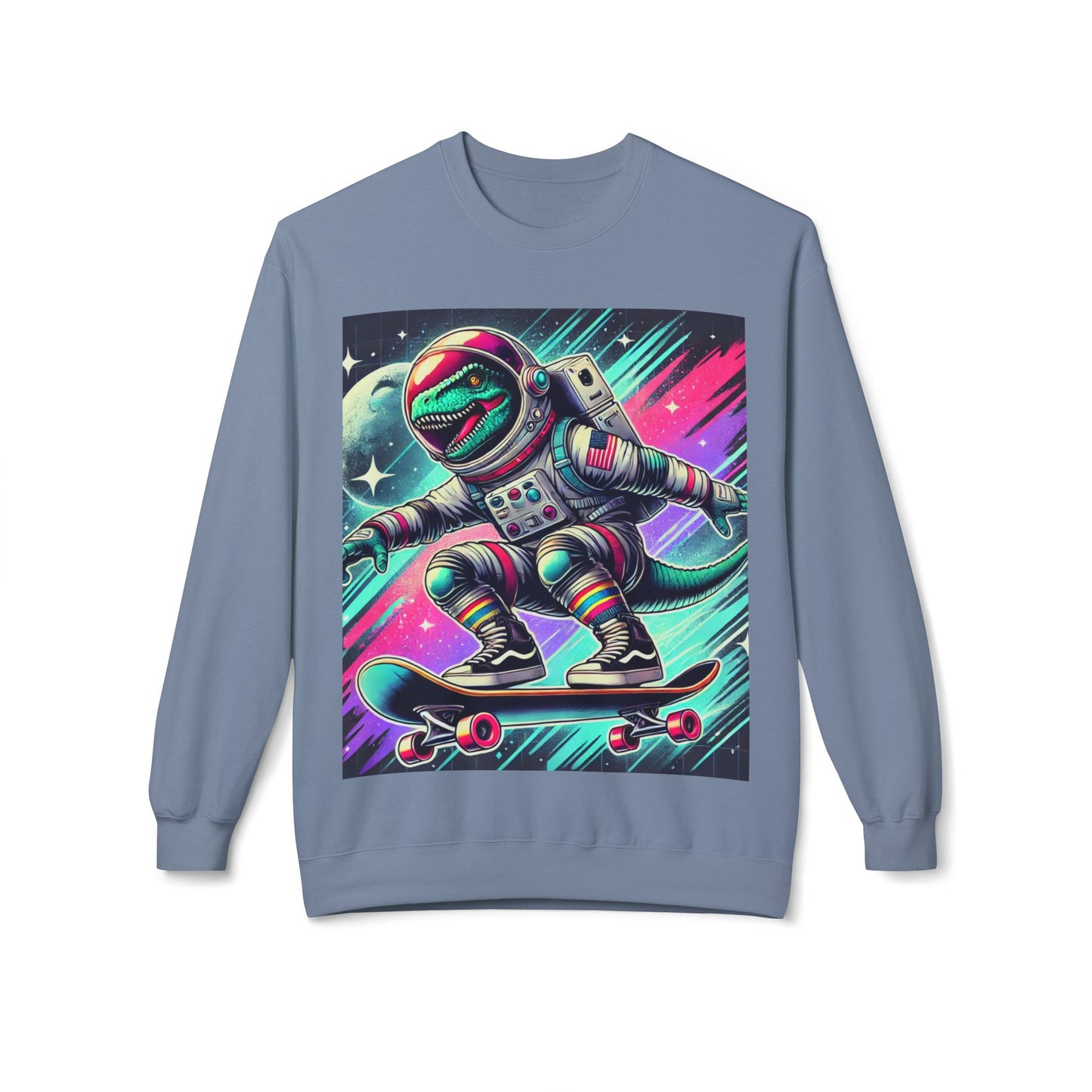 Space Dinosaur On A Skateboard, Unisex Midweight Softstyle Fleece Crewneck Sweatshirt