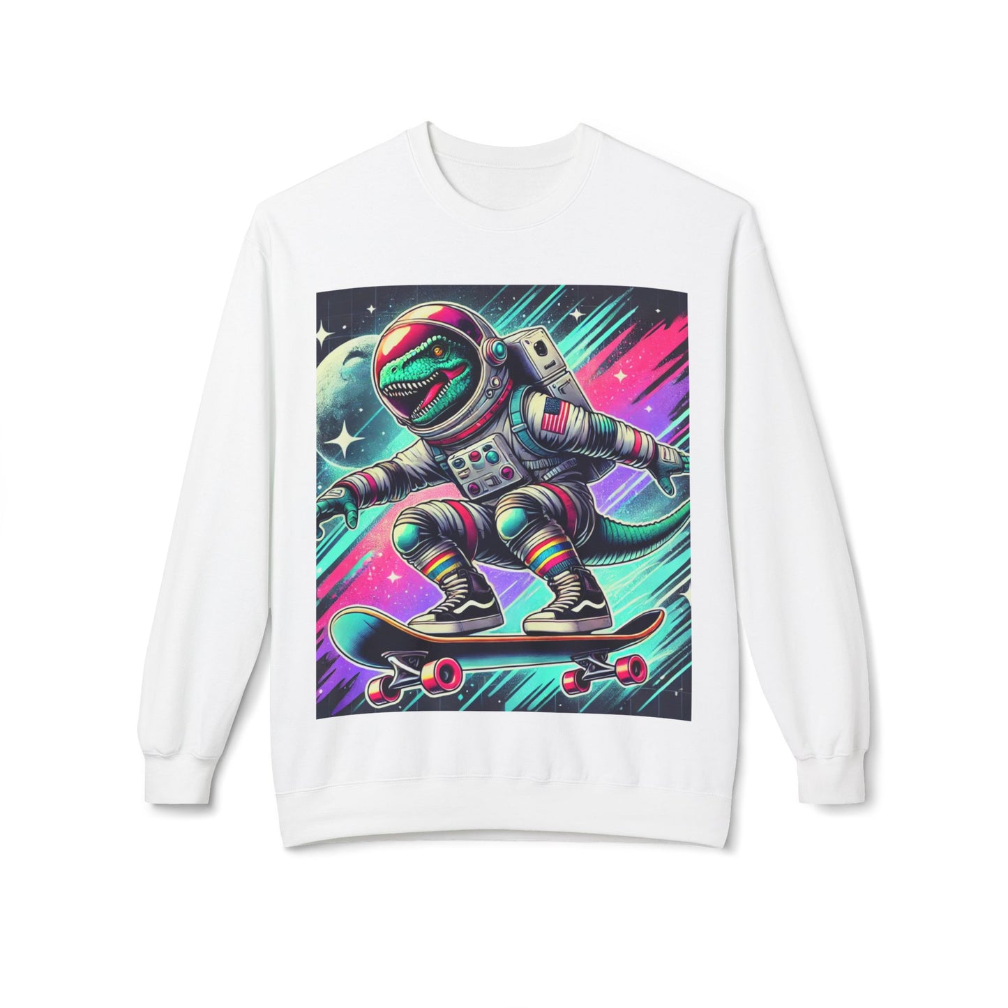 Space Dinosaur On A Skateboard, Unisex Midweight Softstyle Fleece Crewneck Sweatshirt