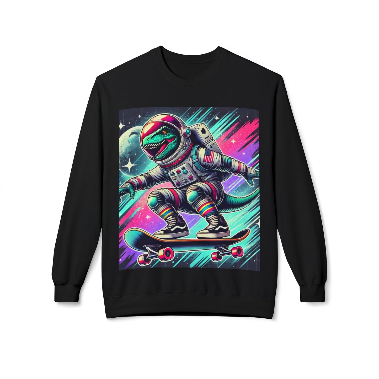 Space Dinosaur On A Skateboard, Unisex Midweight Softstyle Fleece Crewneck Sweatshirt