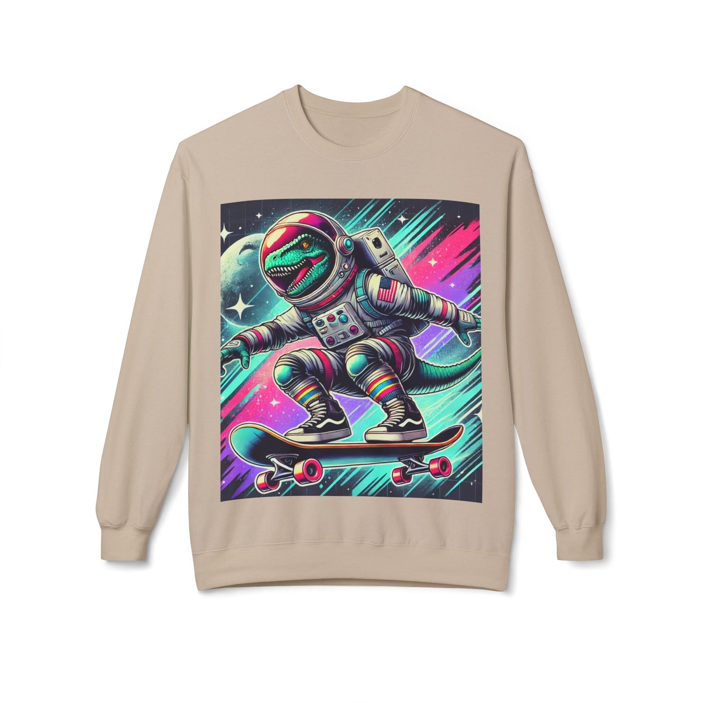 Space Dinosaur On A Skateboard, Unisex Midweight Softstyle Fleece Crewneck Sweatshirt