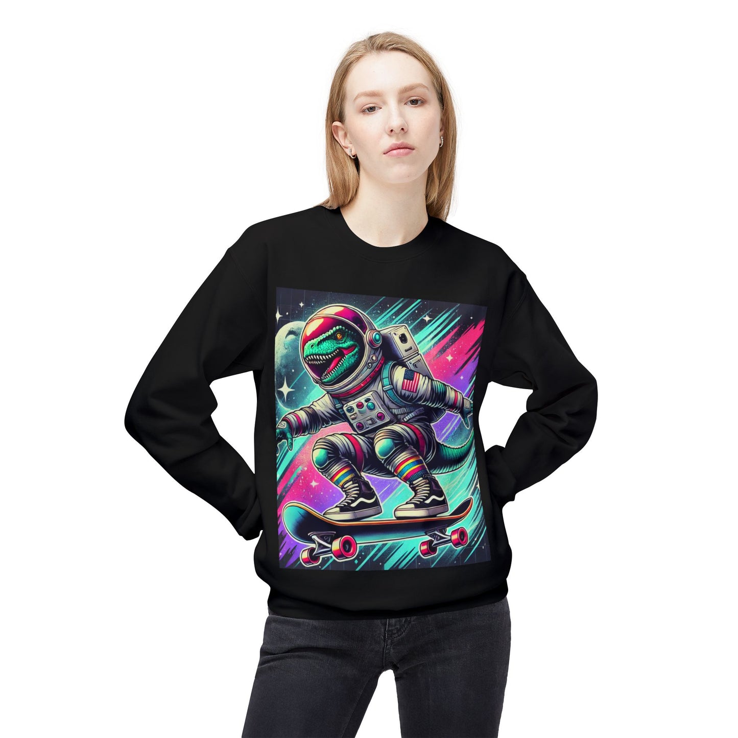 Space Dinosaur On A Skateboard, Unisex Midweight Softstyle Fleece Crewneck Sweatshirt